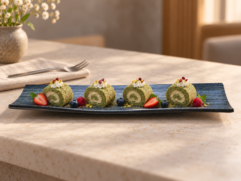 JX216-G porcelain rectangular plate with petite matcha cake slices