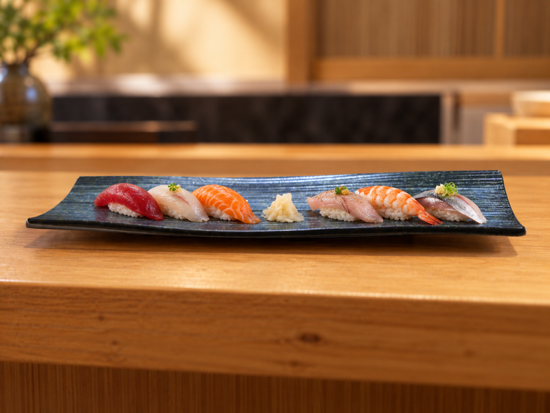 JX216-G porcelain rectangular plate with a small nigiri assortment