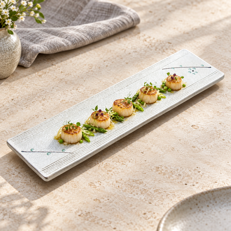 JX218-W white porcelain platter with seared scallops