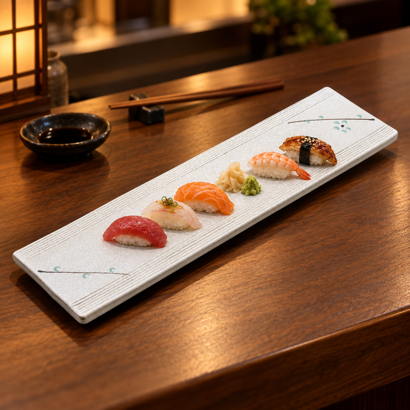 JX218-W white porcelain platter with a line of nigiri sushi