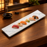 JX218-W white porcelain platter with a line of nigiri sushi