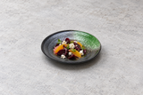 JX286-M: 8.75"Dx1.25"H Porcelain Plate, Black/Green. food-service context