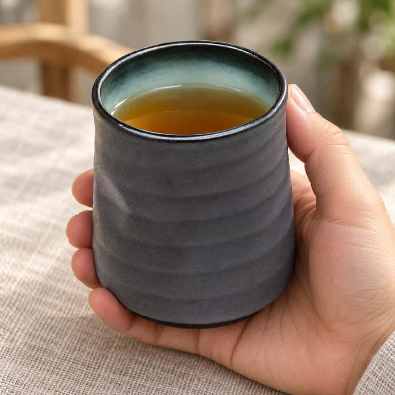 JX4-S porcelain teacup held with amber tea and pale blue-green interior visible