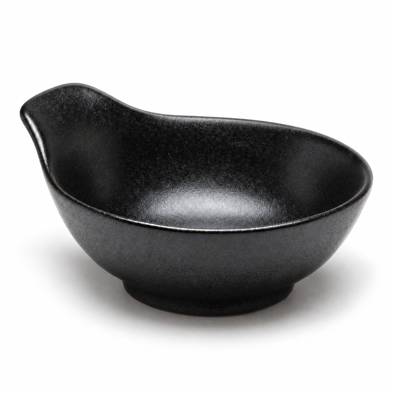 5"Dx1.5"H Porcelain Tempura Sauce Bowl W/Handle, Matte Black, Angled empty product view