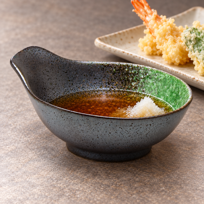 Black-and-green handled porcelain bowl containing amber-brown sauce and pale garnish beside plated shrimp and vegetable tempura.