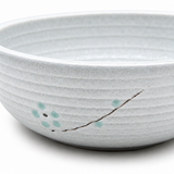 8"Dx2.5"H Porcelain Bowl, White, Mint branch motif and fine ridges