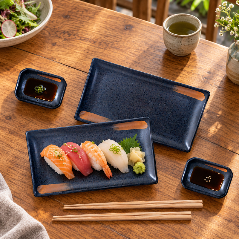 JX79-10 blue sushi plate and sauce dish set with wooden chopsticks