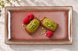 JX79-3-P burgundy rectangular porcelain plate with two petite cakes and berries