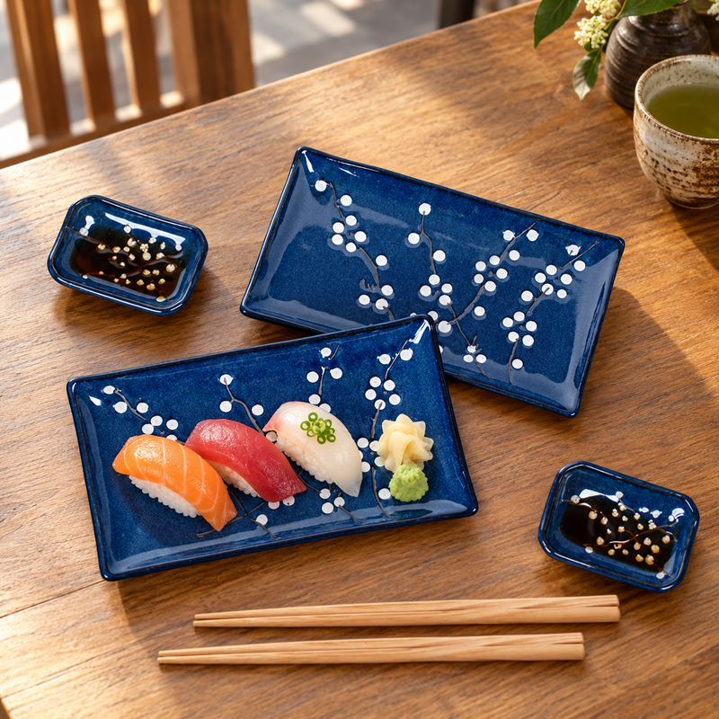 JX79-AP blue sushi plate and sauce dish set with wooden chopsticks