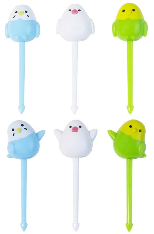 Six authentic small bird food pick designs with their full stems