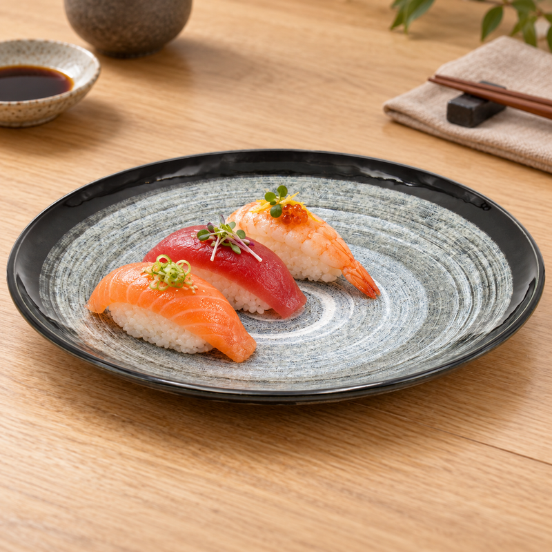 K210-F black and gray spiral ceramic plate with nigiri