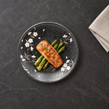 Dark Sakura round plate with salmon and asparagus