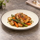 Ivory grooved dark-rim plate with roasted chicken and vegetables