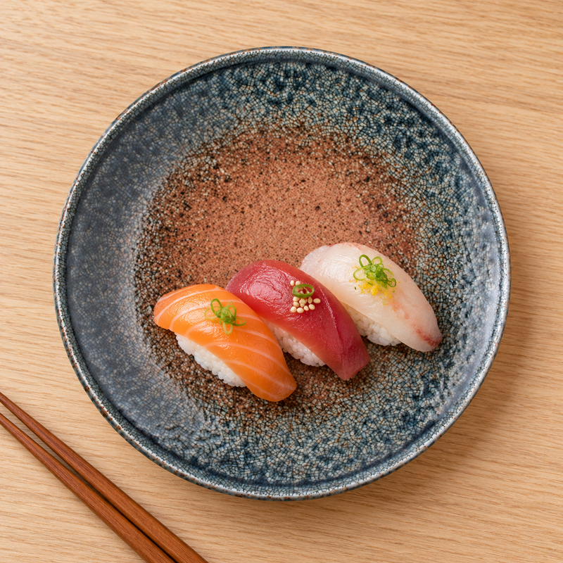 K210-SKC brown and blue-gray ceramic plate with nigiri