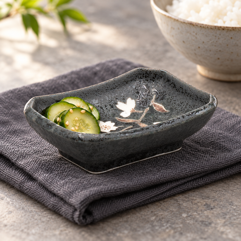 Green Sakura sauce dish with cucumber pickles