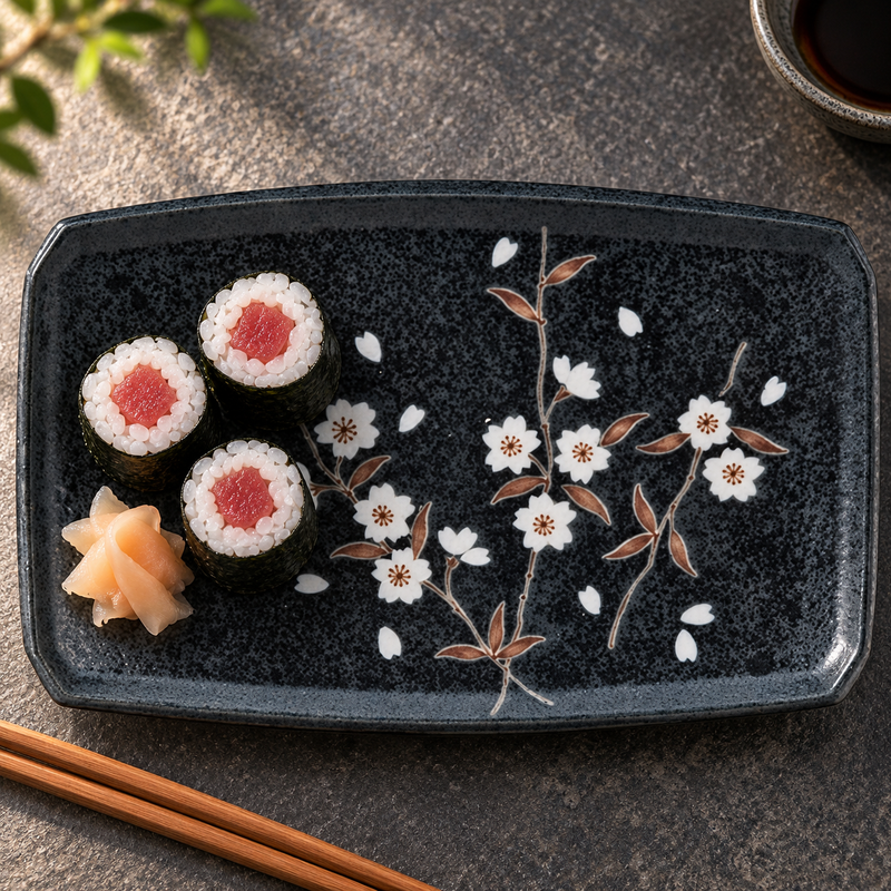 Sakura rectangular plate with three small sushi rolls