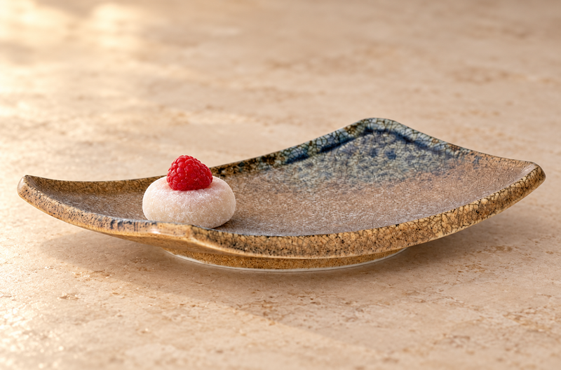K27-SKC porcelain rectangular plate with mochi and a raspberry