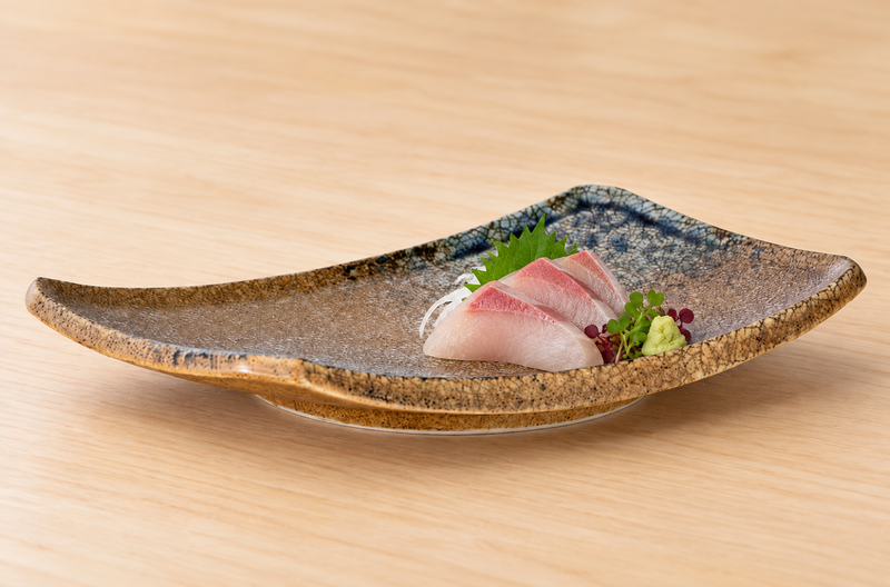 K27-SKC brown and blue porcelain rectangular plate with sashimi
