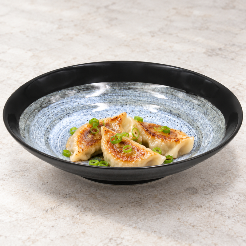 K29-F black and gray spiral ceramic deep plate with gyoza
