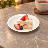 K382-1 white round plastic plate with strawberry cake
