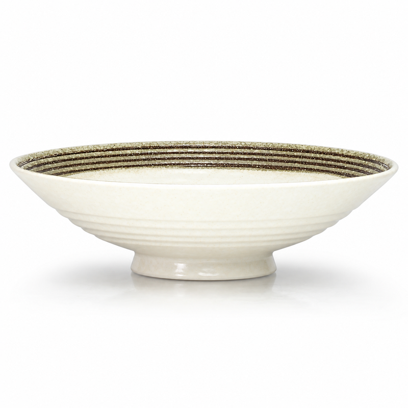 Side view of the wide white K511/KB noodle bowl with horizontal exterior bands and a circular foot