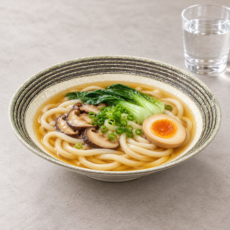 Udon noodles with mushrooms, leafy greens, scallion and egg in the K511/KB bowl, with a glass behind it