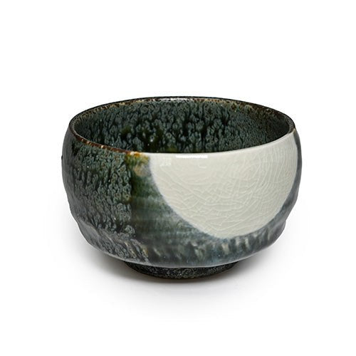 3 in H Dark Green & Cream Ceramic Matcha Bowl, 18 oz — K537-GW