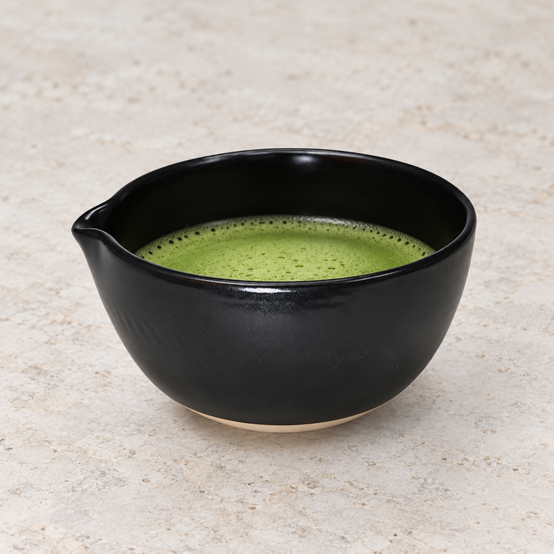Black spouted K537-SB matcha bowl — matcha ready to serve
