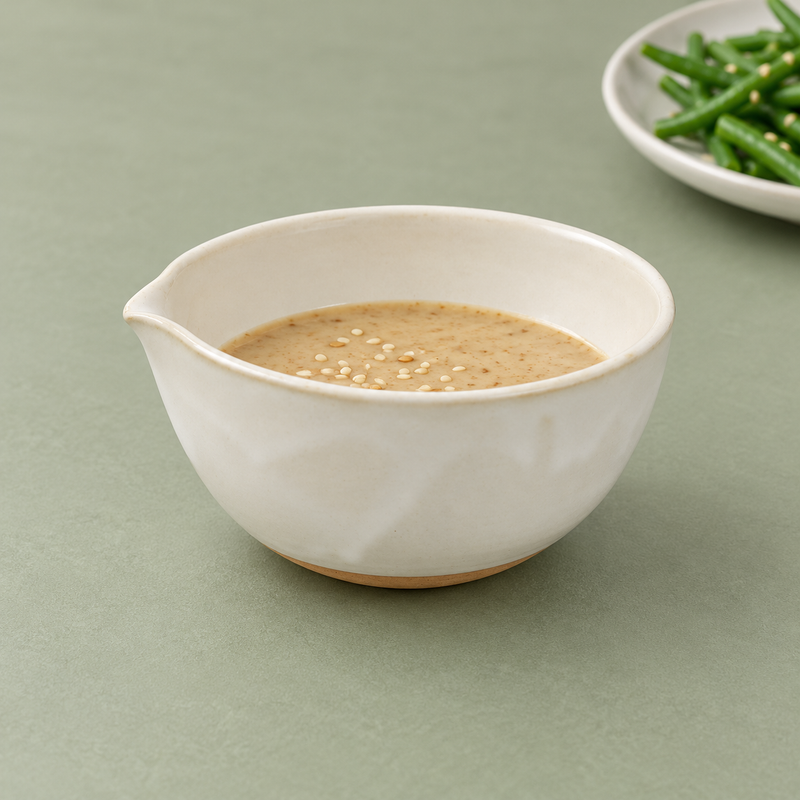 Cream bowl containing tan sauce and sesame seeds, with a separate plate of green beans behind it.