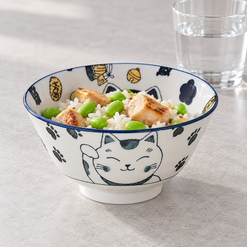 Blue-rimmed KA55-ECB cat bowl holding rice and toppings on a pale tabletop, with a glass behind it.