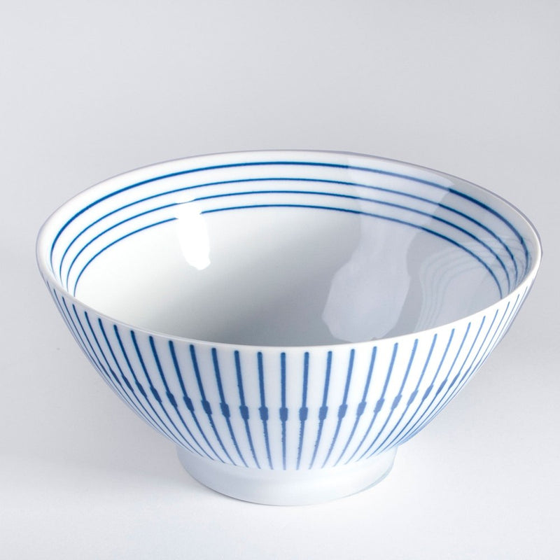 Angled view of the white ceramic bowl showing fine blue exterior stripes, small midline accents and three blue interior rings.