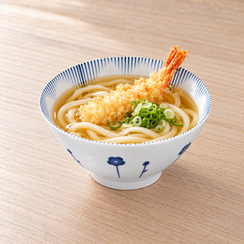 Serving suggestion with udon noodles, shrimp tempura and sliced scallions in the blue floral bowl on a light wood table.