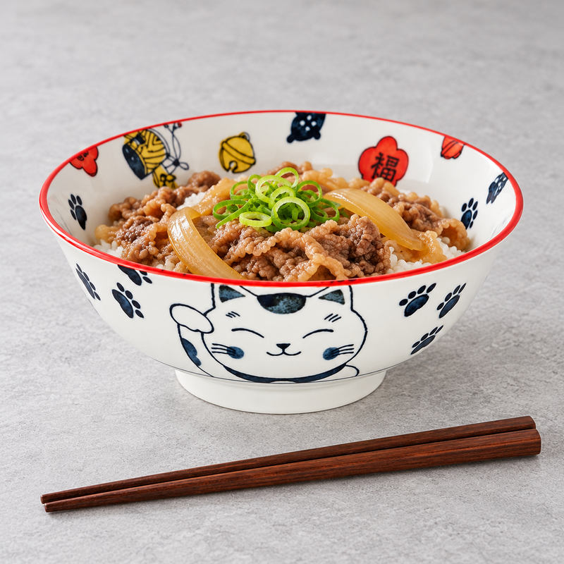 KA573-ECR red-rimmed cat bowl holding a rice dish with toppings, with brown chopsticks beside it.
