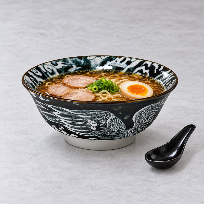 Serving suggestion with ramen, sliced pork, egg and scallions in the black phoenix bowl, with a black spoon alongside.