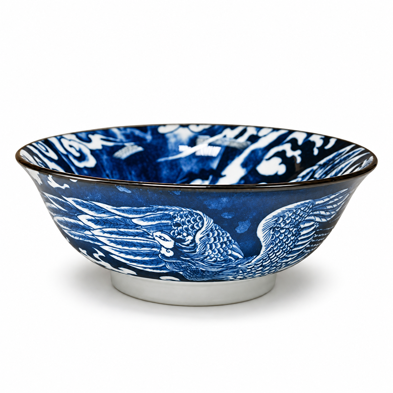 Ceramic Ramen Bowl — 42 fl. oz., Blue, Angled blue phoenix product view