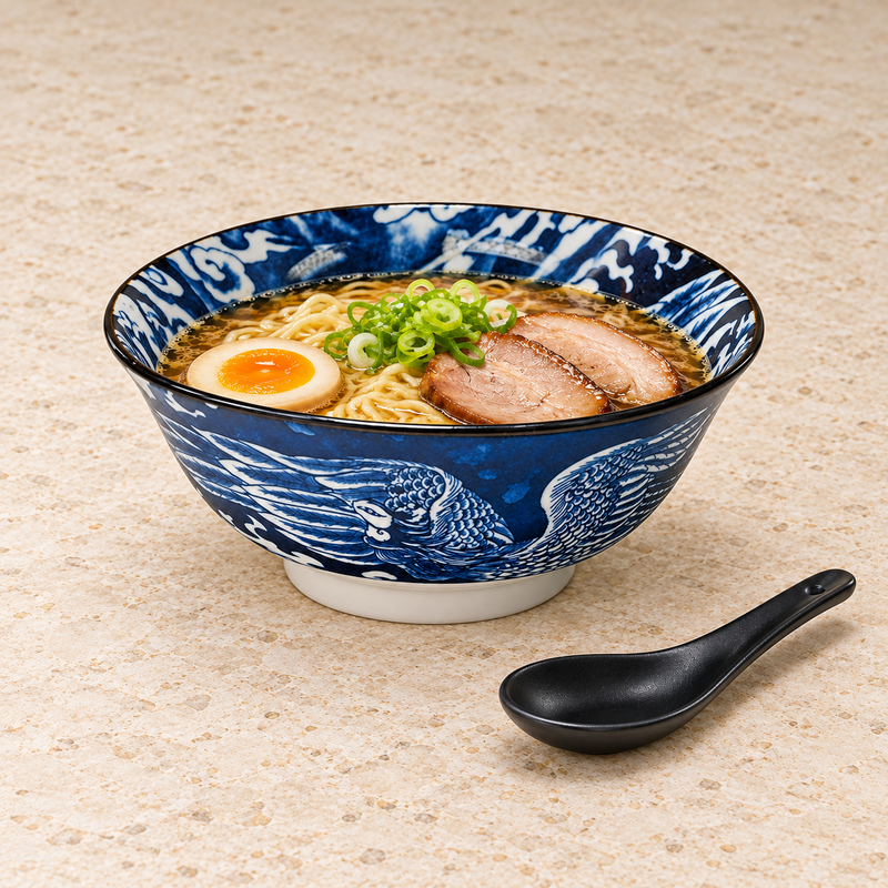Serving suggestion with ramen, egg, pork and scallions in the blue phoenix bowl, with a black spoon on a light stone surface.