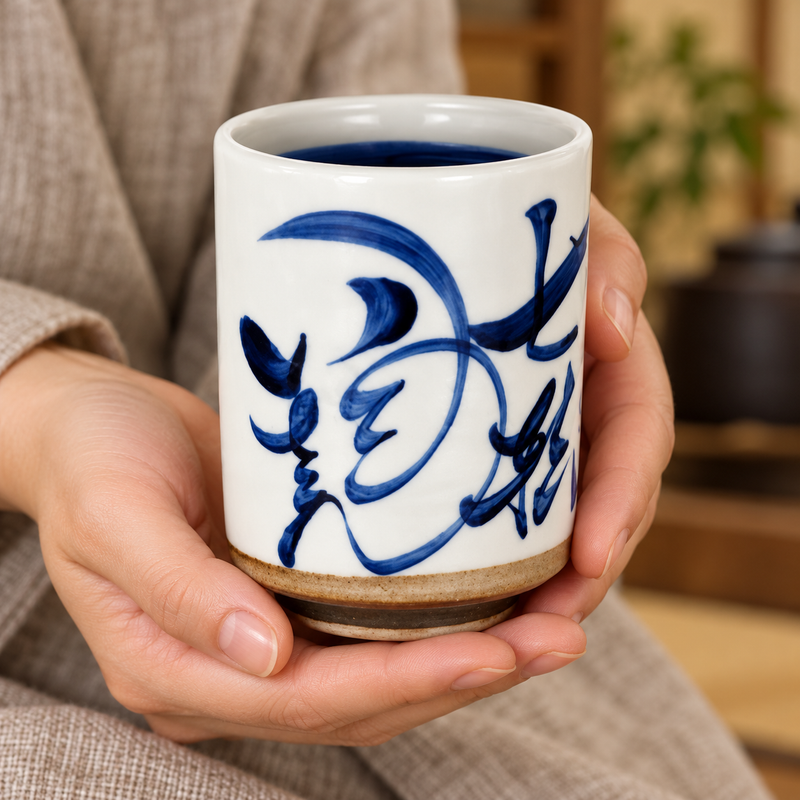 KA70-6 white and blue calligraphic tea cup supported in hands