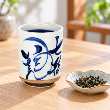 KA70-6 white and blue tea cup beside a separate leaf dish