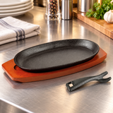 HB-6212 oval steak plate with wood base and holder — restaurant counter