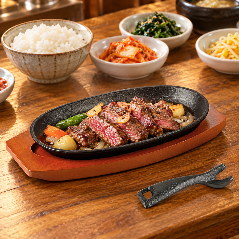 HB-6212 oval steak plate with wood base and holder — serving suggestion