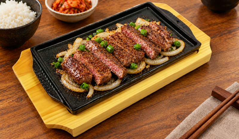 HYS-REC05 iron steak plate with wooden base — sliced grilled beef serving suggestion
