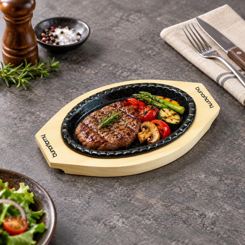 HYS01 iron steak plate with wooden base — steak and vegetables serving suggestion