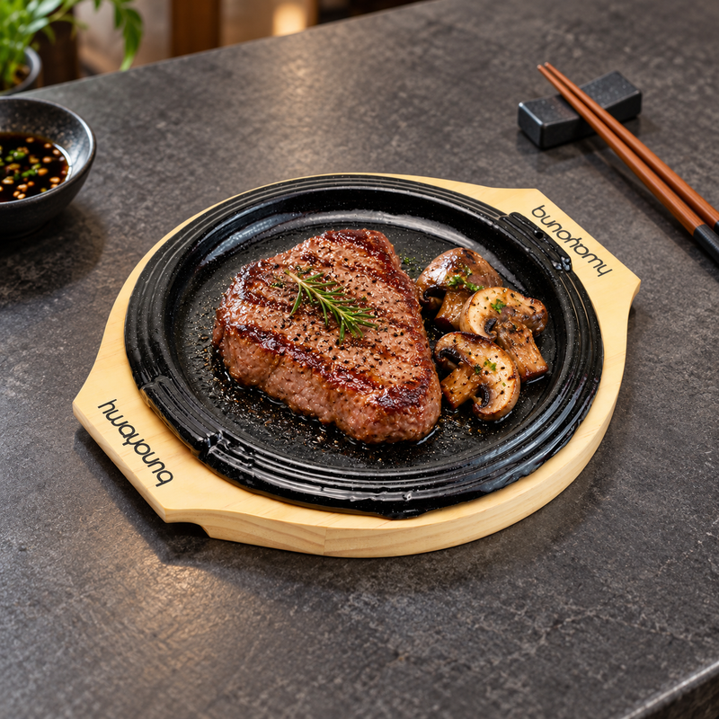 HYS04 round iron steak plate with wooden base — steak and mushrooms serving suggestion
