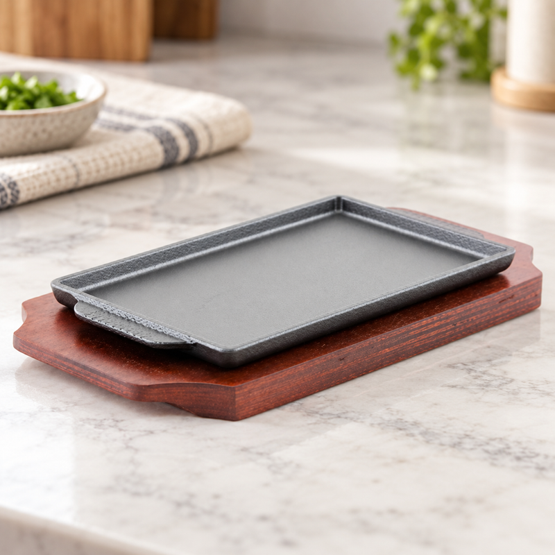 NSP-02 rectangular steak plate — restaurant setting