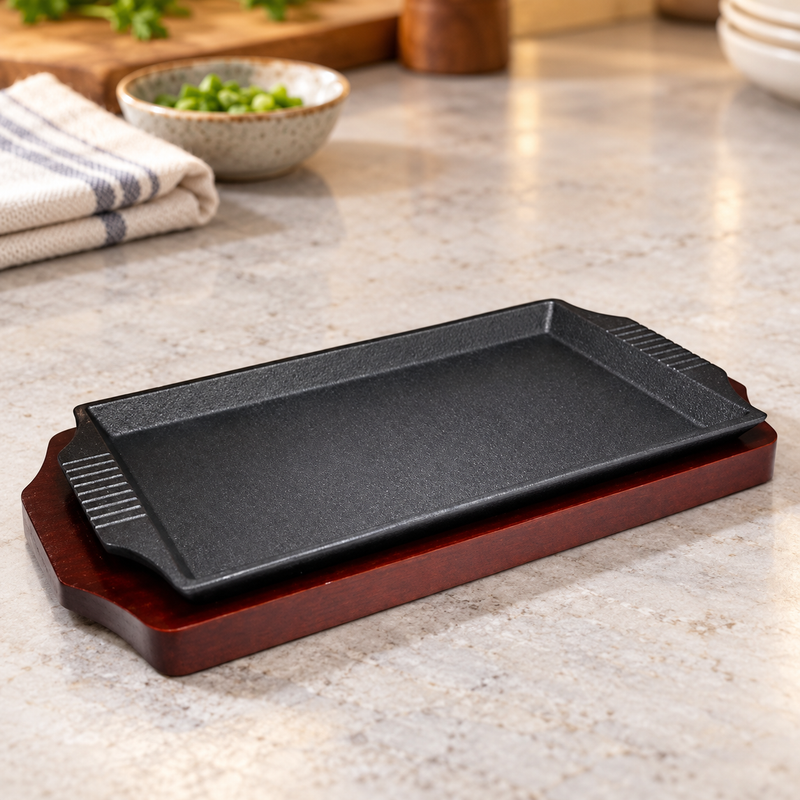NTP-02 rectangular steak plate — restaurant setting