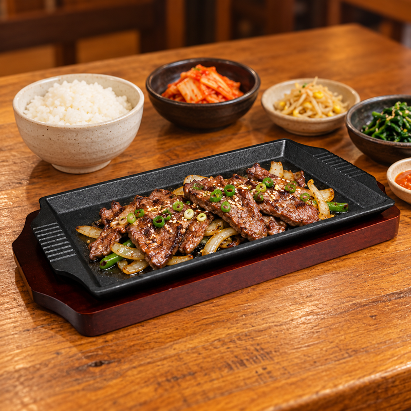 NTP-02 rectangular steak plate — restaurant setting