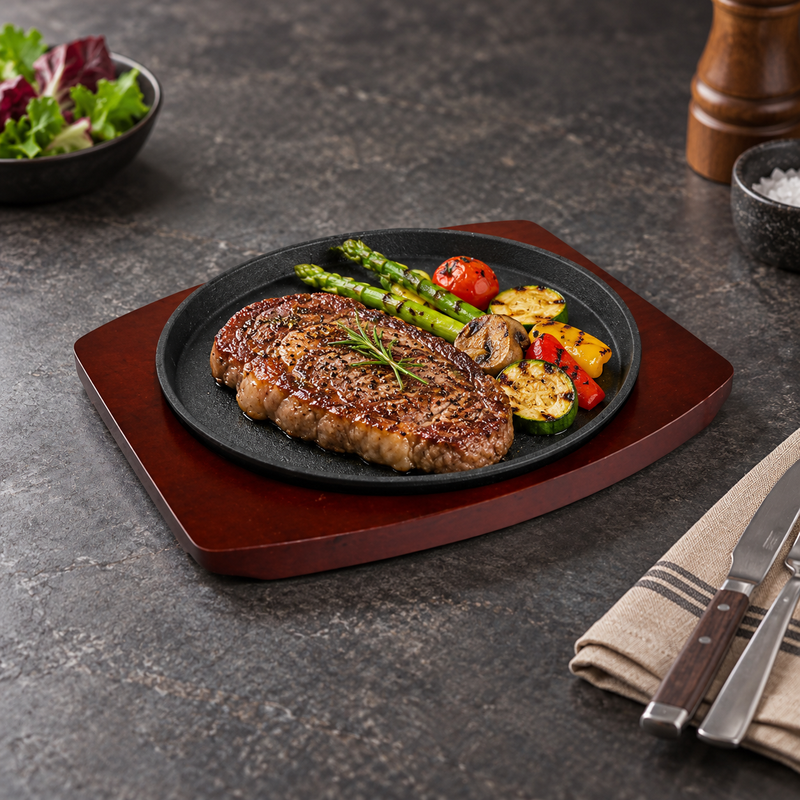 NTP-04 round cast iron steak plate — serving suggestion
