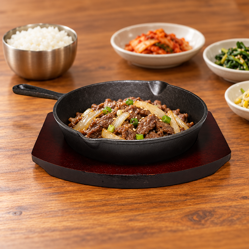 NTP-09 cast iron steak pan on dark base — serving suggestion
