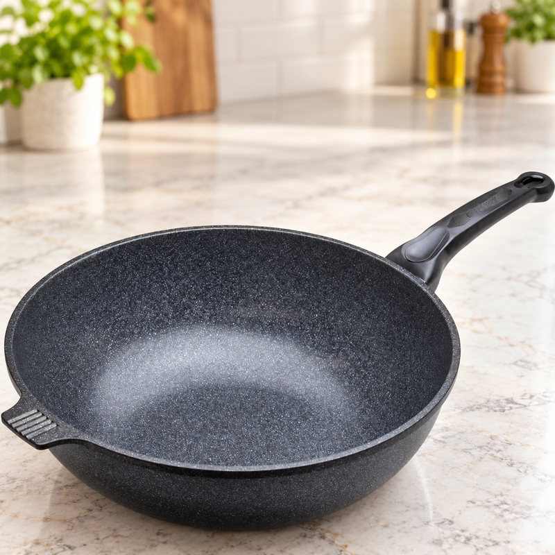 Marble Cast Wok Pan 14" — A distinct non-stick cooking surface