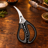 0347-639 kitchen scissors displayed at a restaurant preparation station